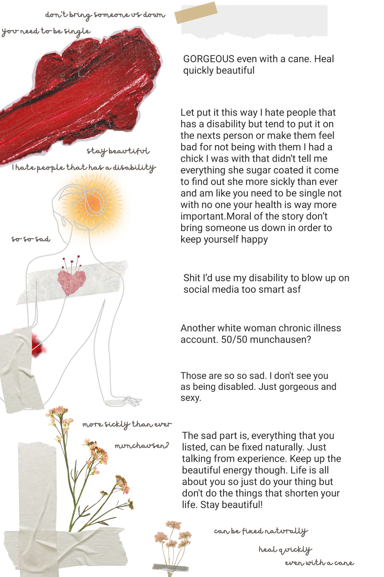 A hybrid poem with text and images including smeared lipstick, taped flowers, and the outline of a body. The hybrid text uses social media comments to comment on ableism and biphobia.